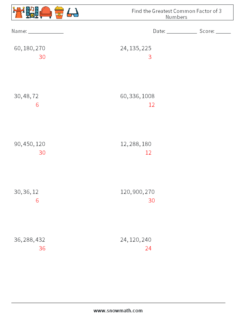 Find the Greatest Common Factor of 3 Numbers Maths Worksheets 6 Question, Answer