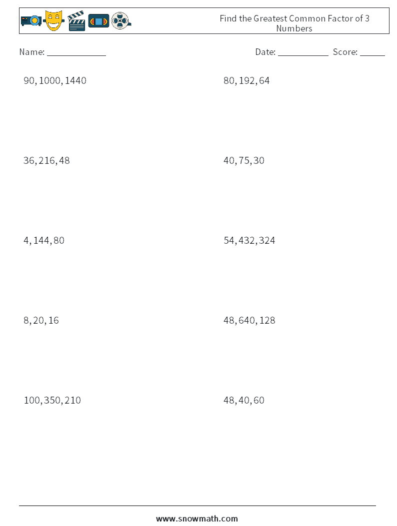 Find the Greatest Common Factor of 3 Numbers Maths Worksheets 7