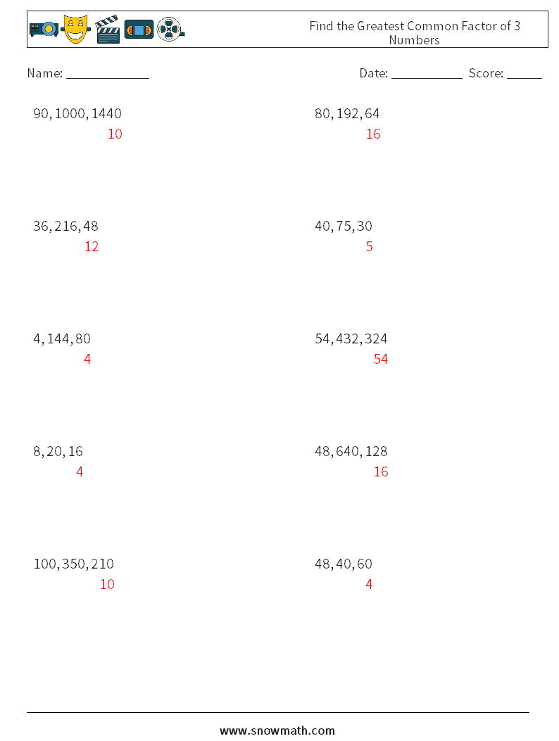 Find the Greatest Common Factor of 3 Numbers Maths Worksheets 7 Question, Answer