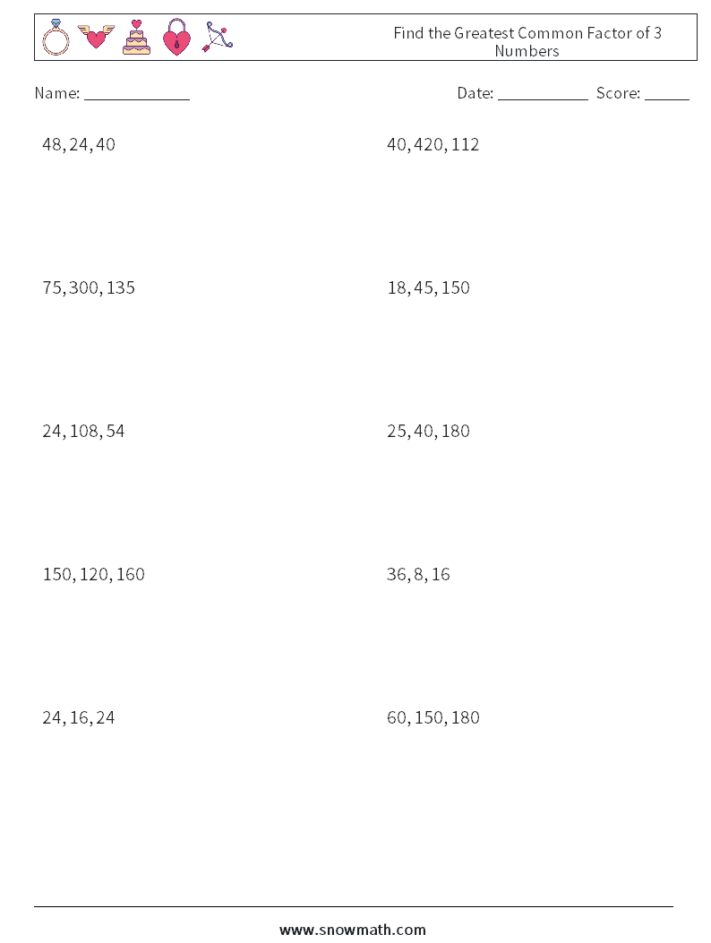 Find the Greatest Common Factor of 3 Numbers Maths Worksheets 8