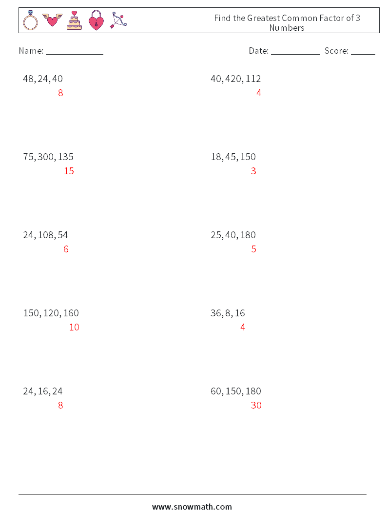 Find the Greatest Common Factor of 3 Numbers Maths Worksheets 8 Question, Answer