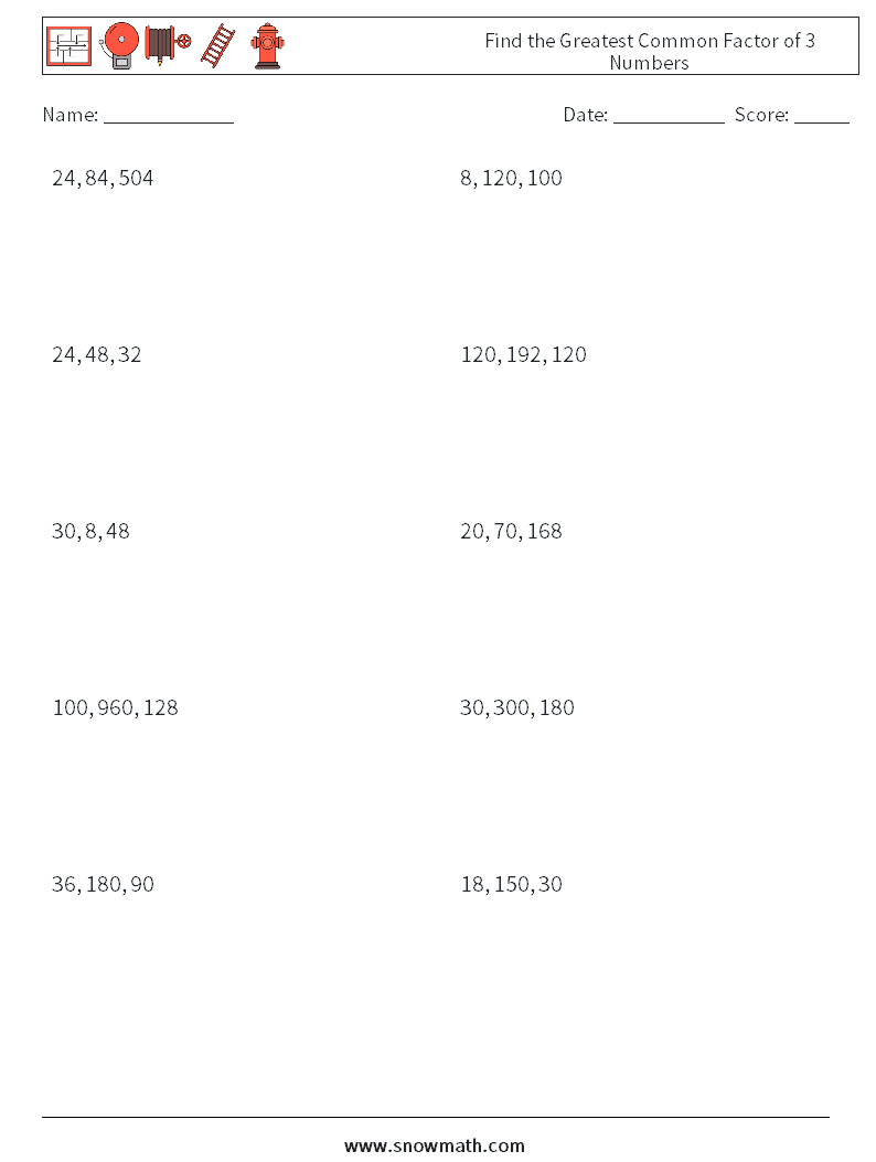 Find the Greatest Common Factor of 3 Numbers Maths Worksheets 9