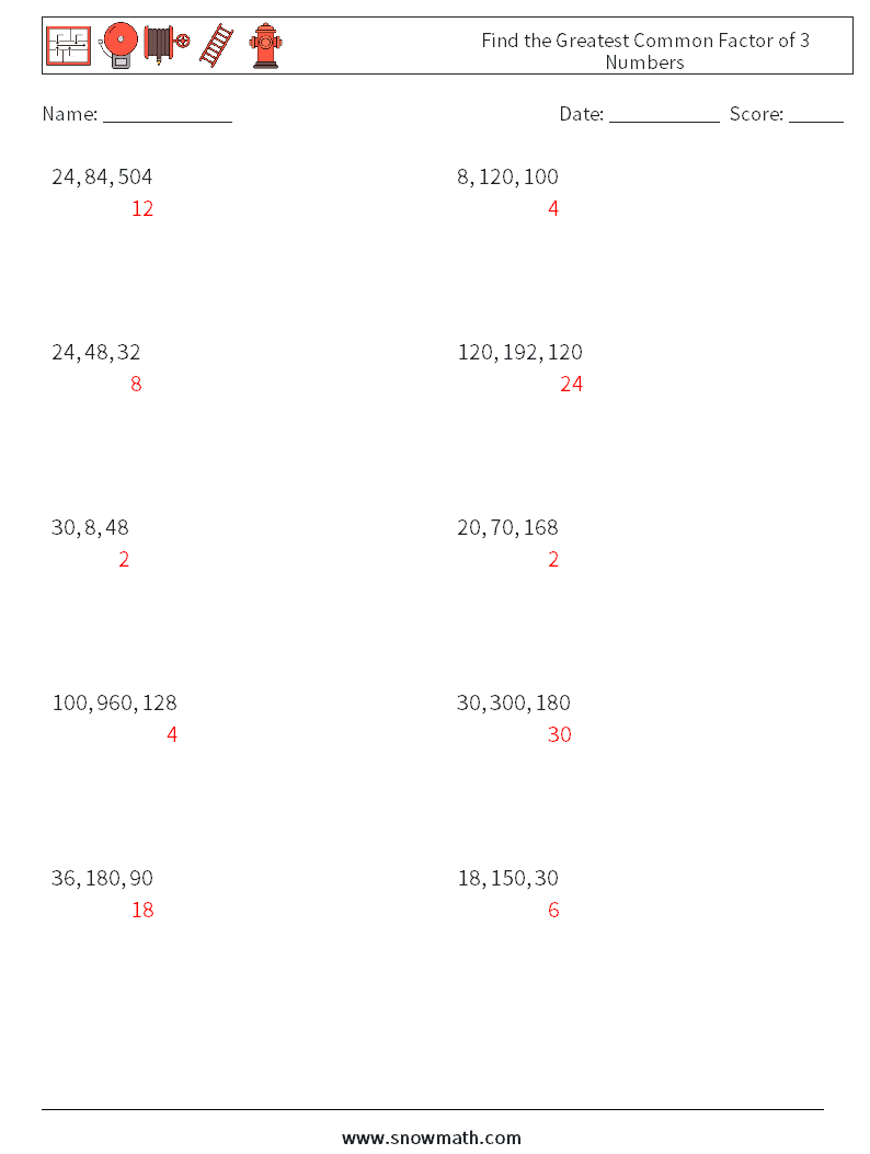 Find the Greatest Common Factor of 3 Numbers Maths Worksheets 9 Question, Answer