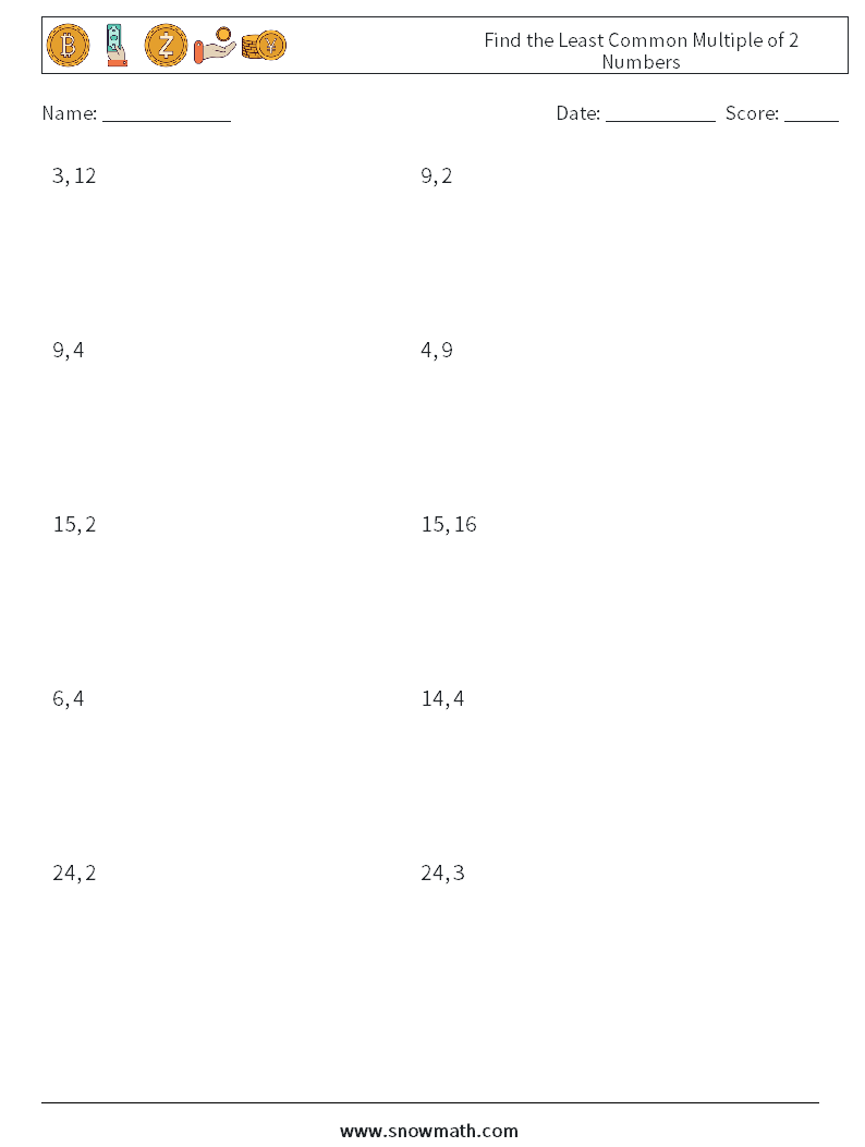 Find the Least Common Multiple of 2 Numbers Maths Worksheets 2