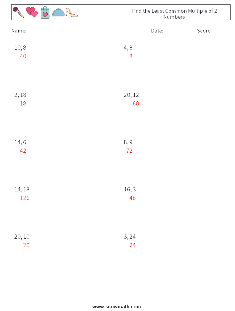 Find the Least Common Multiple of 2 Numbers Maths Worksheets 3 Question, Answer