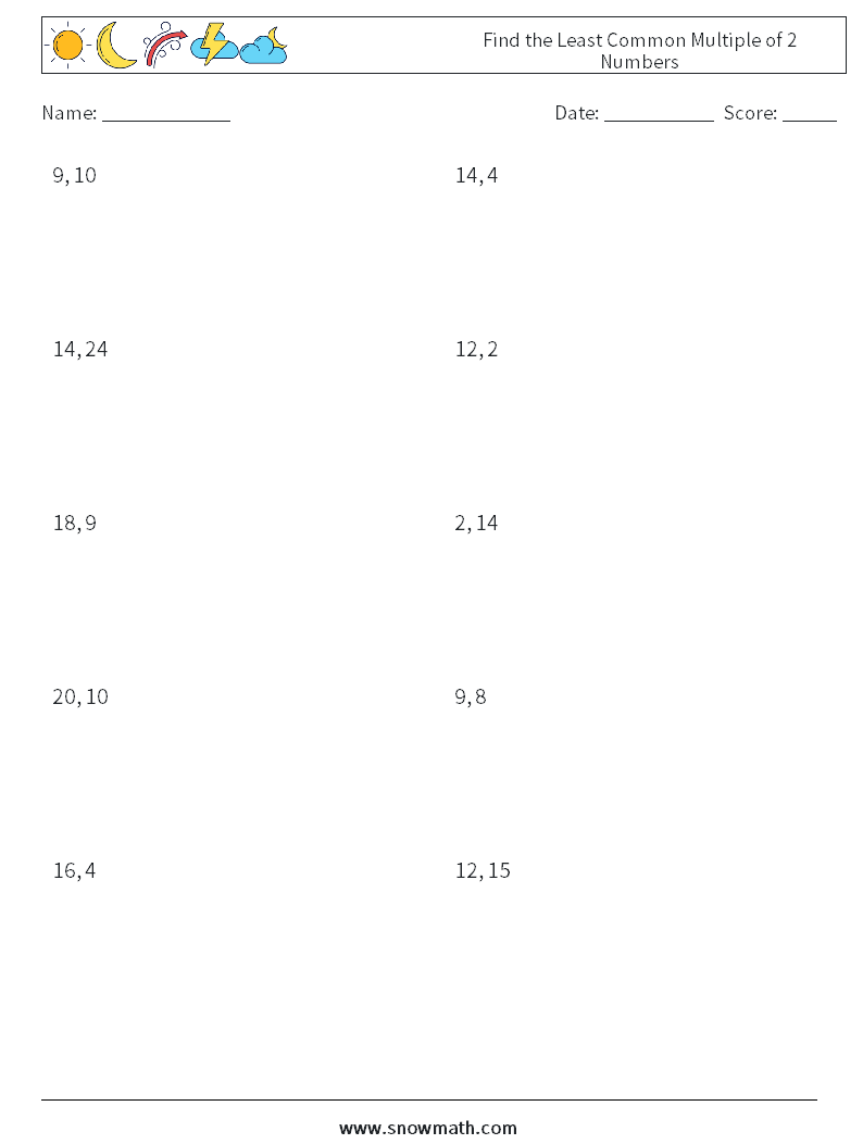 Find the Least Common Multiple of 2 Numbers Maths Worksheets 4