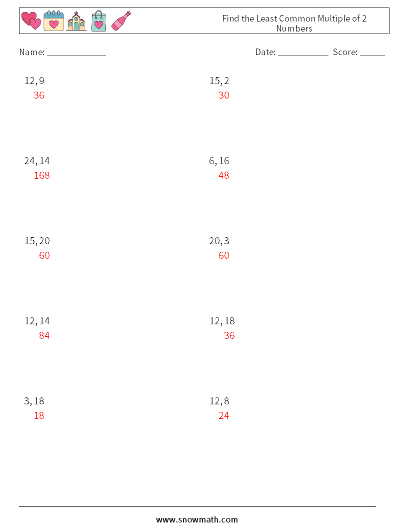 Find the Least Common Multiple of 2 Numbers Maths Worksheets 6 Question, Answer