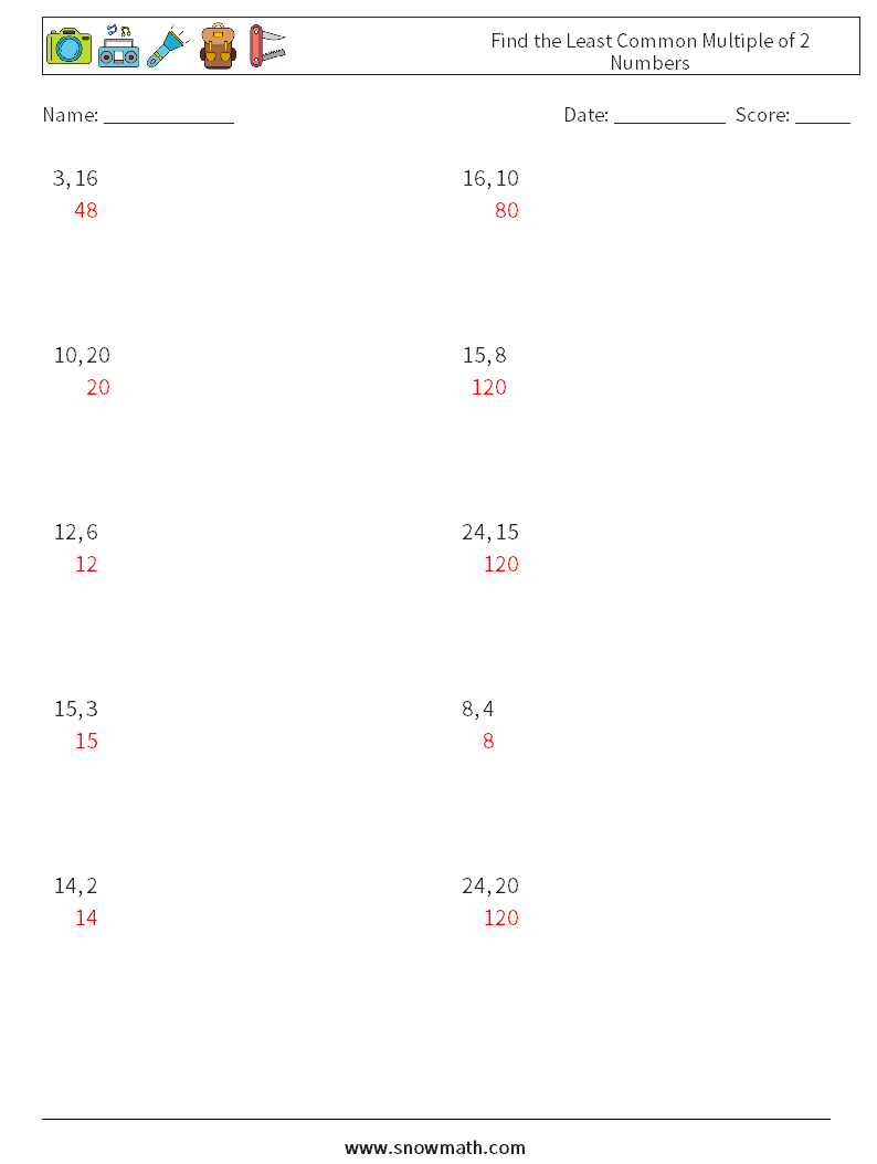 Find the Least Common Multiple of 2 Numbers Maths Worksheets 7 Question, Answer