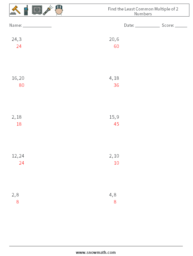 Find the Least Common Multiple of 2 Numbers Maths Worksheets 8 Question, Answer