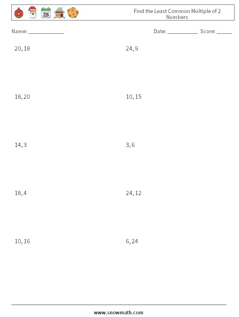 Find the Least Common Multiple of 2 Numbers Maths Worksheets 9