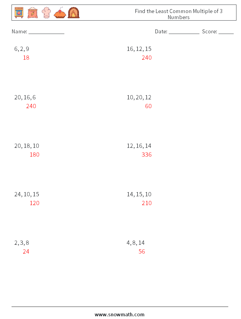 Find the Least Common Multiple of 3 Numbers Maths Worksheets 2 Question, Answer