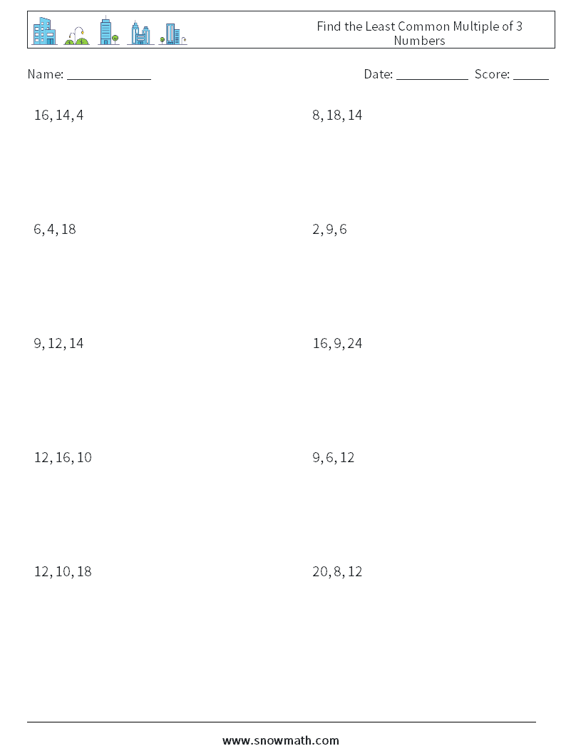 Find the Least Common Multiple of 3 Numbers Maths Worksheets 3