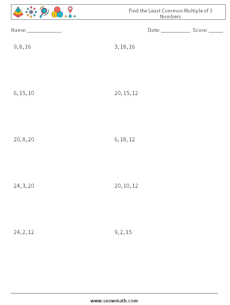 Find the Least Common Multiple of 3 Numbers Maths Worksheets 5