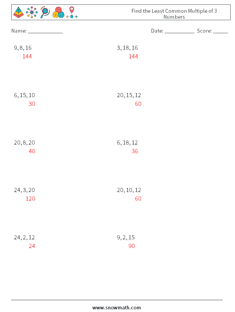 Find the Least Common Multiple of 3 Numbers Maths Worksheets 5 Question, Answer