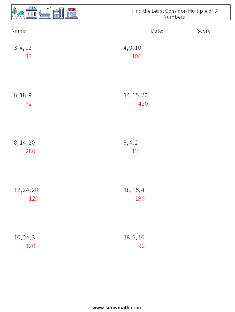 Find the Least Common Multiple of 3 Numbers Maths Worksheets 7 Question, Answer