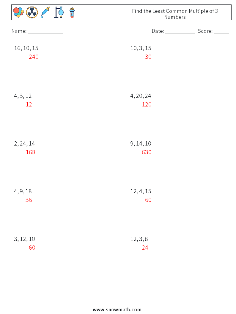 Find the Least Common Multiple of 3 Numbers Maths Worksheets 8 Question, Answer