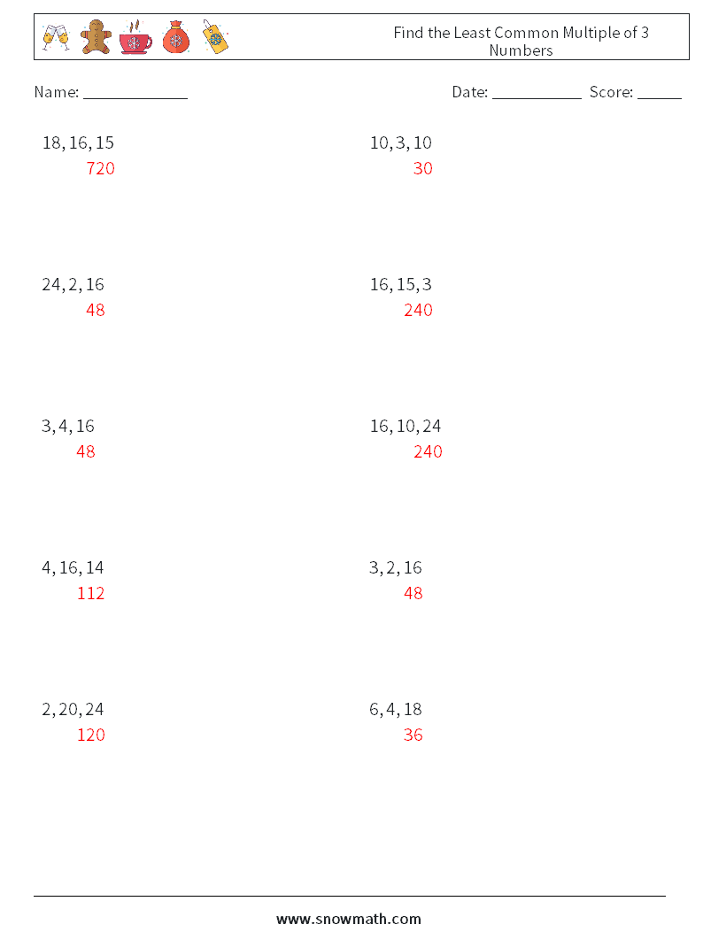 Find the Least Common Multiple of 3 Numbers Maths Worksheets 9 Question, Answer