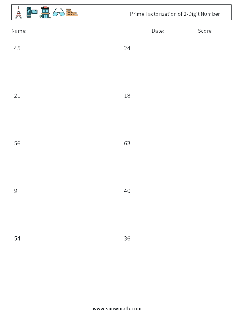 Prime Factorization of 2-Digit Number Maths Worksheets 5