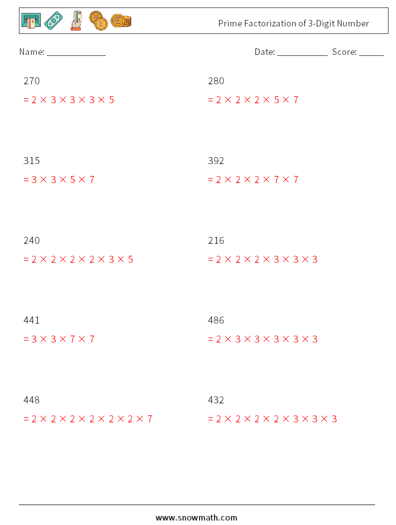 Prime Factorization of 3-Digit Number Maths Worksheets 1 Question, Answer