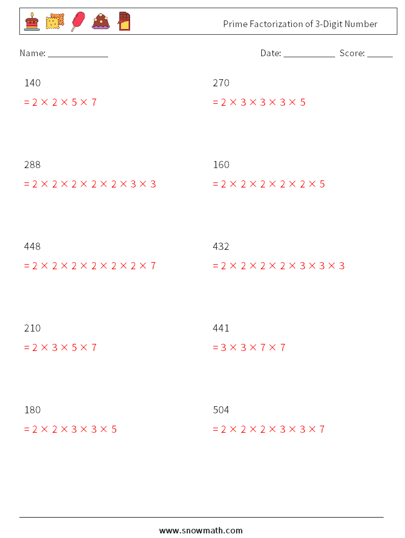 Prime Factorization of 3-Digit Number Maths Worksheets 2 Question, Answer