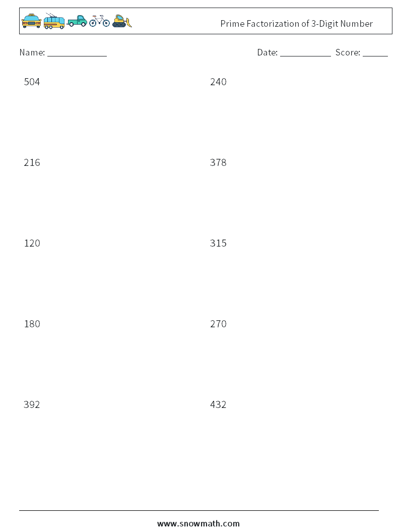 Prime Factorization of 3-Digit Number Maths Worksheets 3