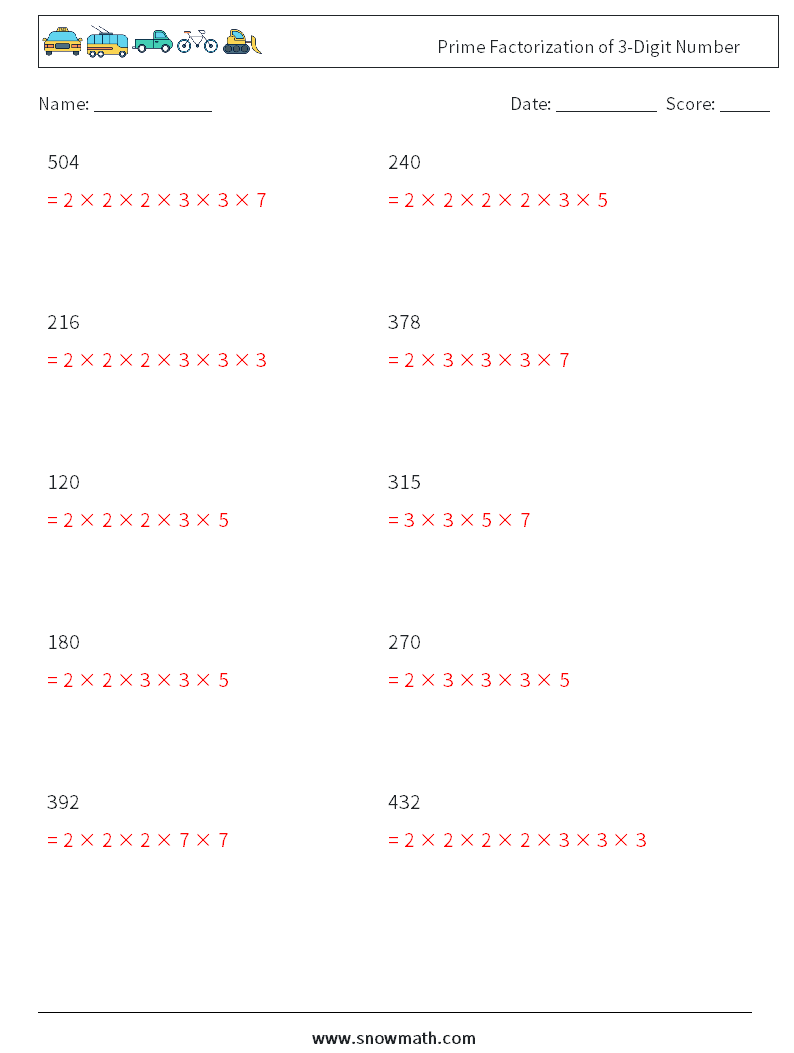 Prime Factorization of 3-Digit Number Maths Worksheets 3 Question, Answer