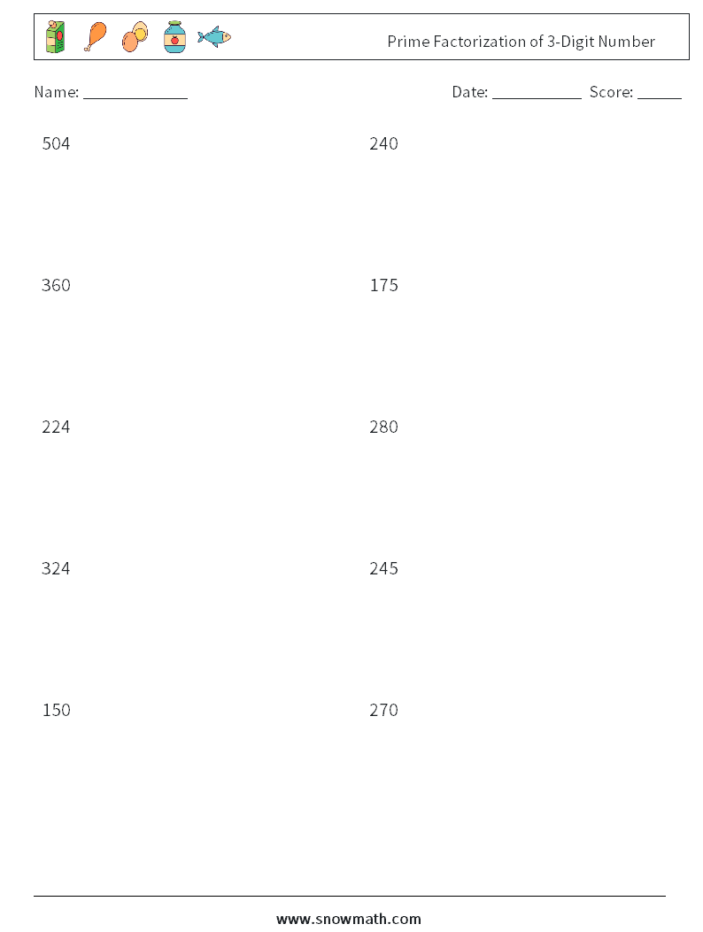 Prime Factorization of 3-Digit Number Maths Worksheets 4