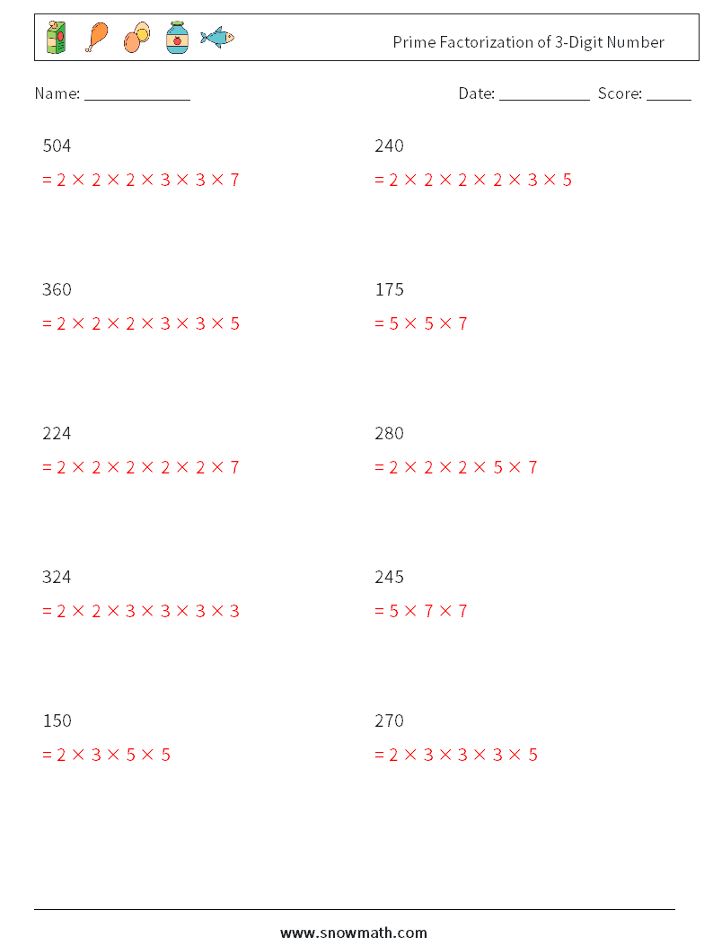 Prime Factorization of 3-Digit Number Maths Worksheets 4 Question, Answer