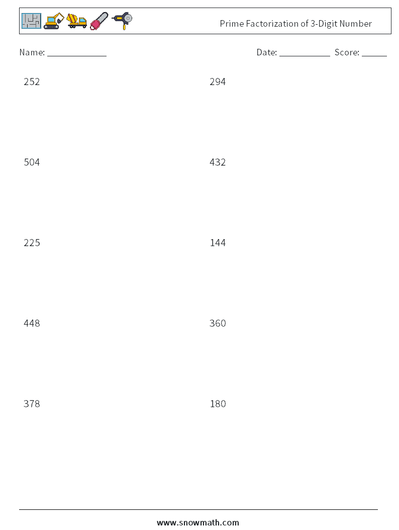 Prime Factorization of 3-Digit Number Maths Worksheets 5