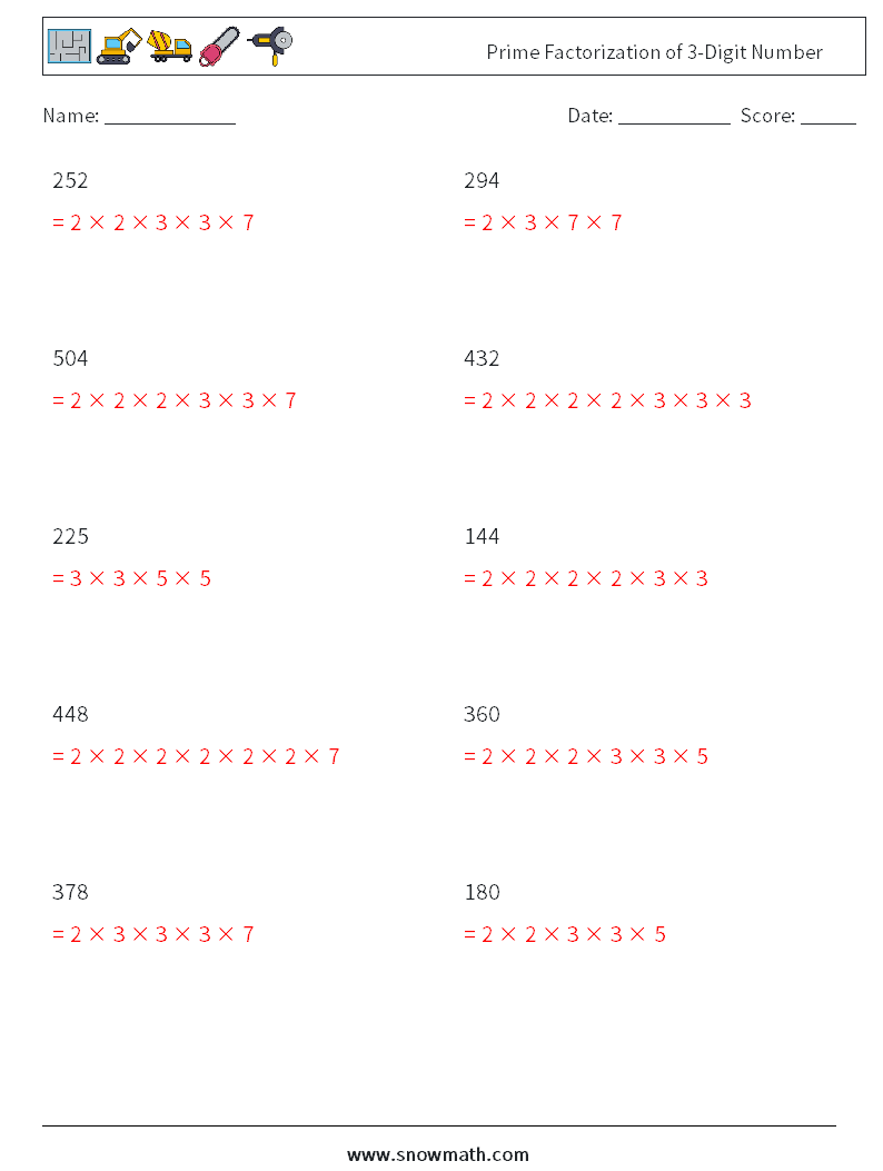 Prime Factorization of 3-Digit Number Maths Worksheets 5 Question, Answer