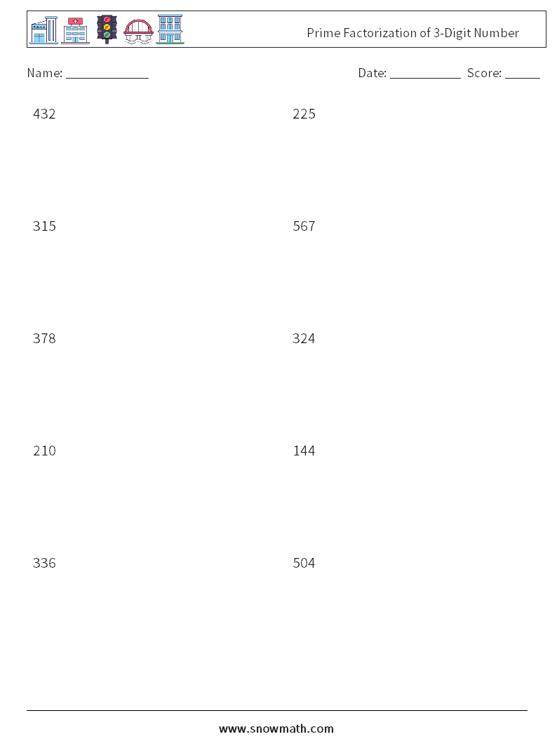 Prime Factorization of 3-Digit Number Maths Worksheets 7