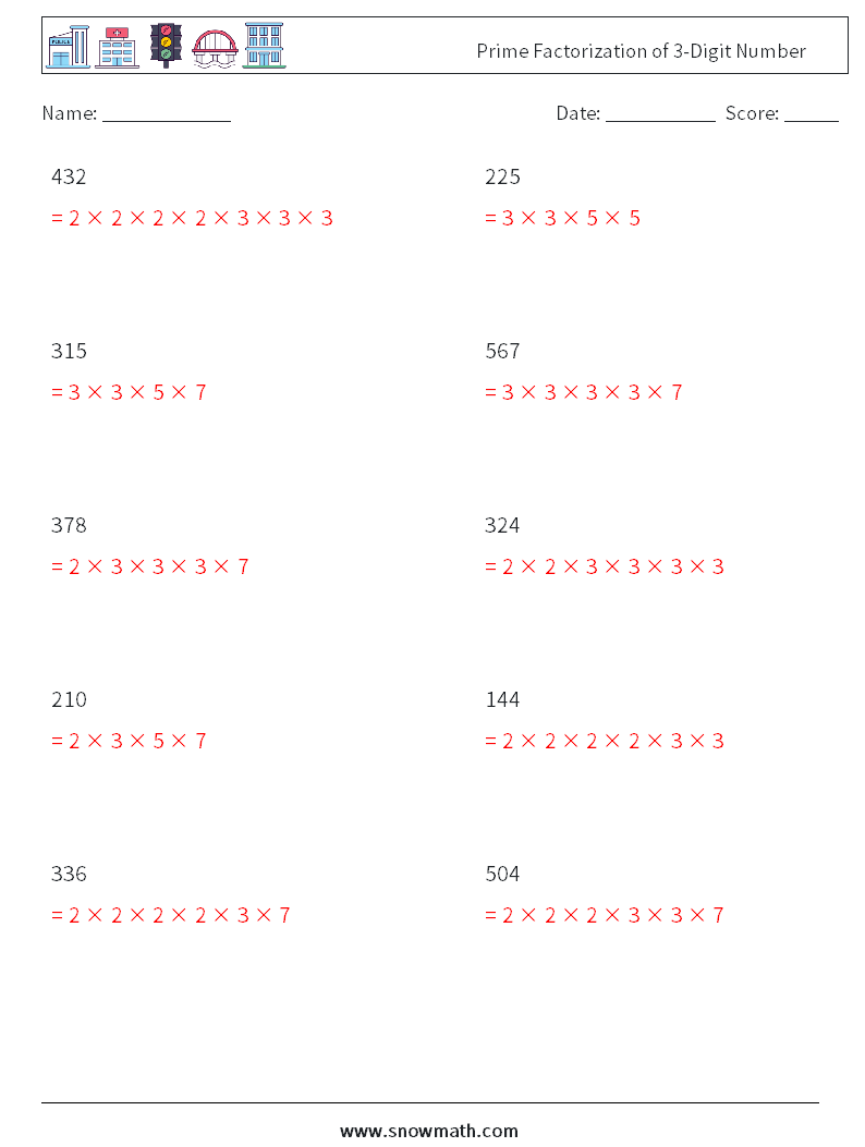 Prime Factorization of 3-Digit Number Maths Worksheets 7 Question, Answer