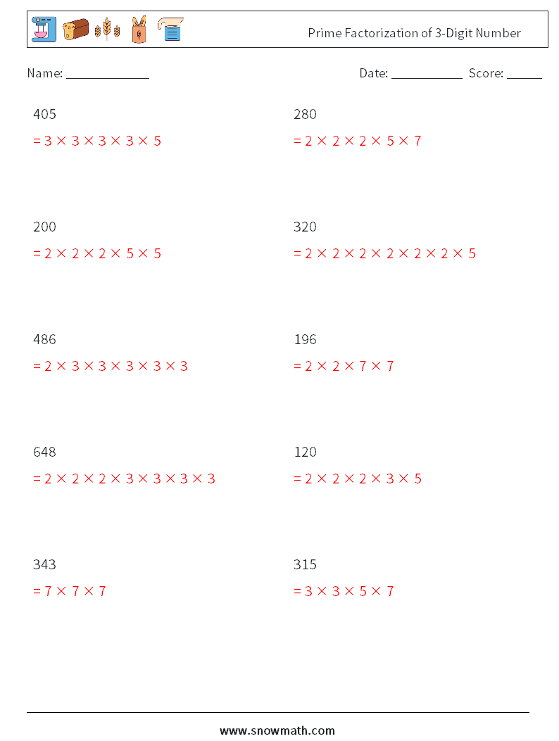 Prime Factorization of 3-Digit Number Maths Worksheets 9 Question, Answer