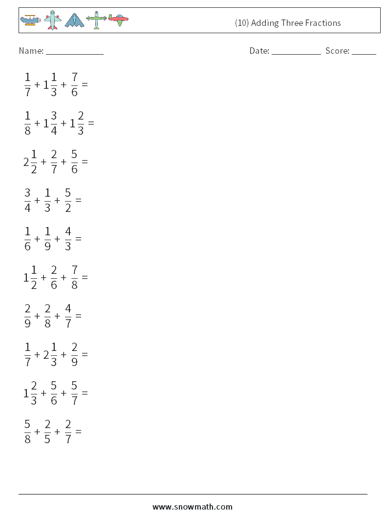 (10) Adding Three Fractions Maths Worksheets 1