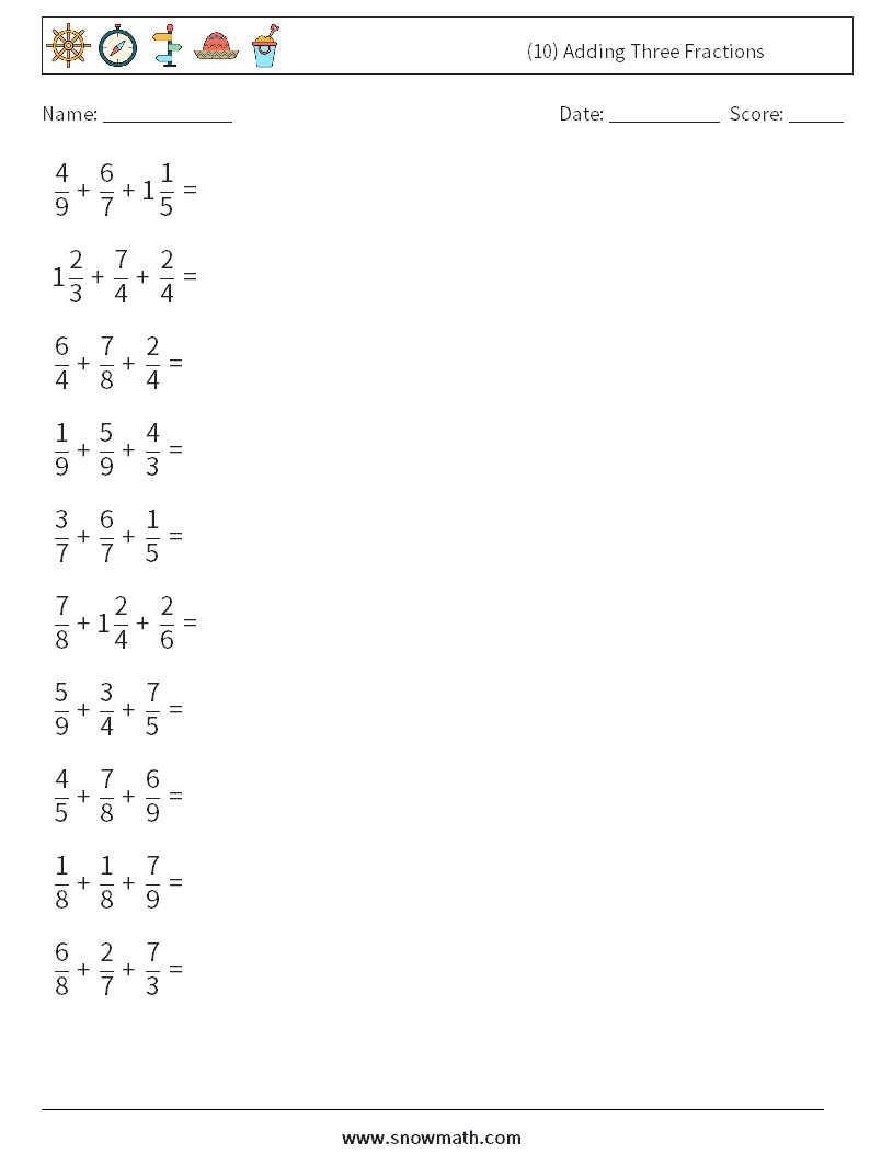 (10) Adding Three Fractions Maths Worksheets 10