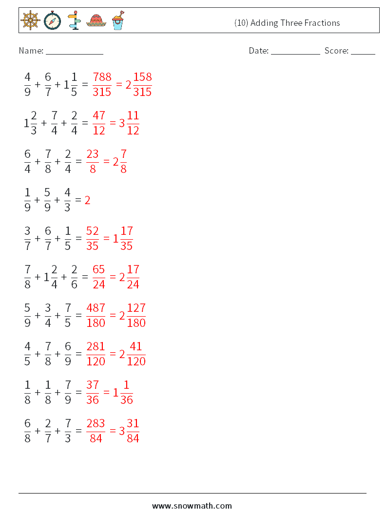 (10) Adding Three Fractions Maths Worksheets 10 Question, Answer