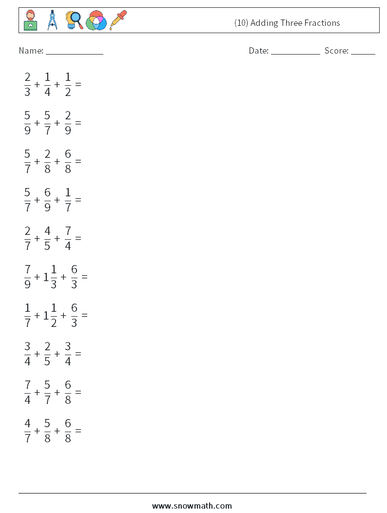 (10) Adding Three Fractions Maths Worksheets 11