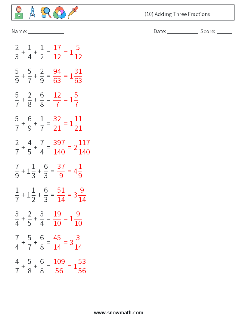 (10) Adding Three Fractions Maths Worksheets 11 Question, Answer