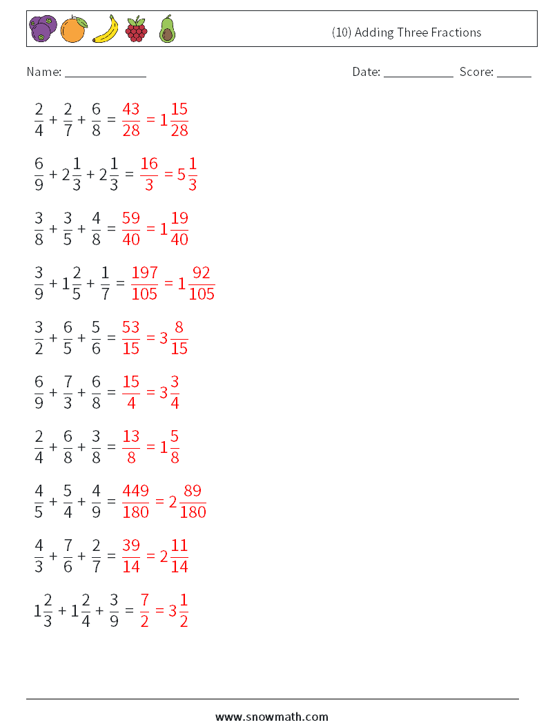 (10) Adding Three Fractions Maths Worksheets 13 Question, Answer