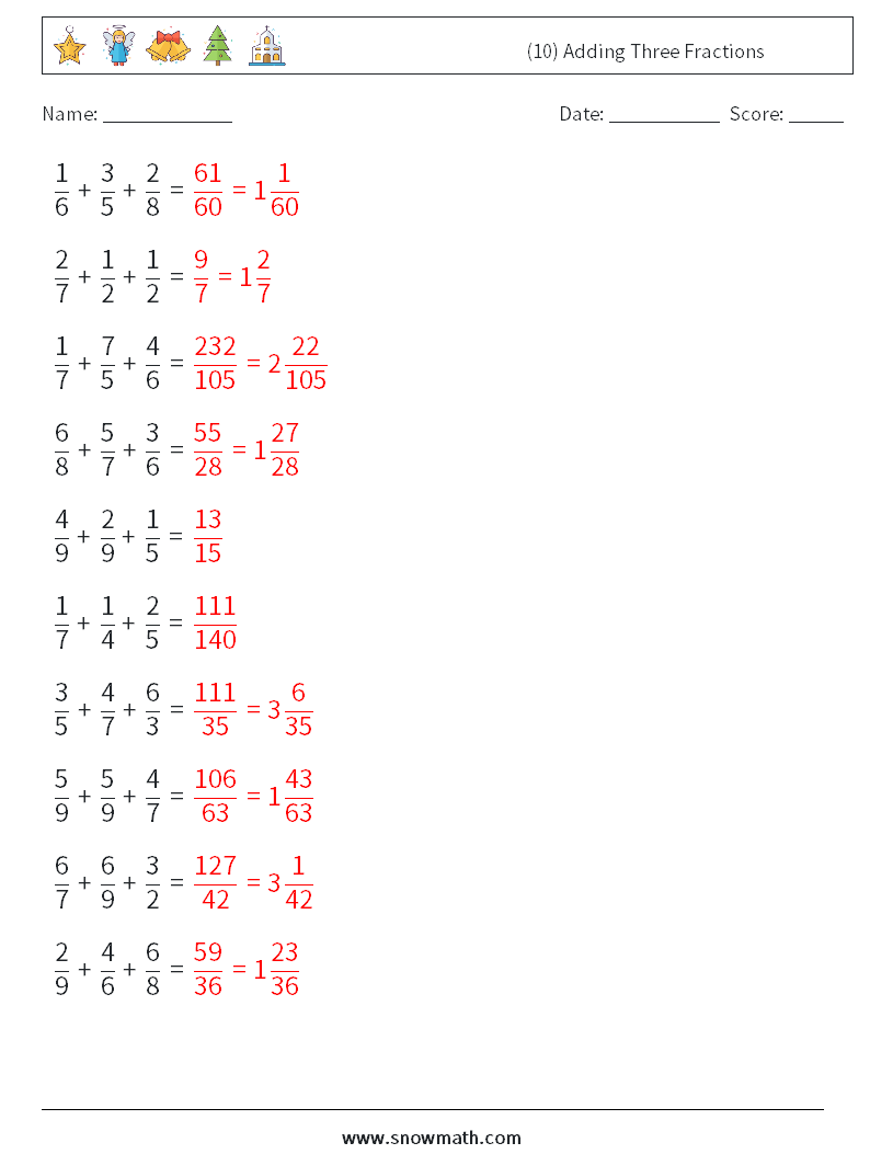 (10) Adding Three Fractions Maths Worksheets 14 Question, Answer