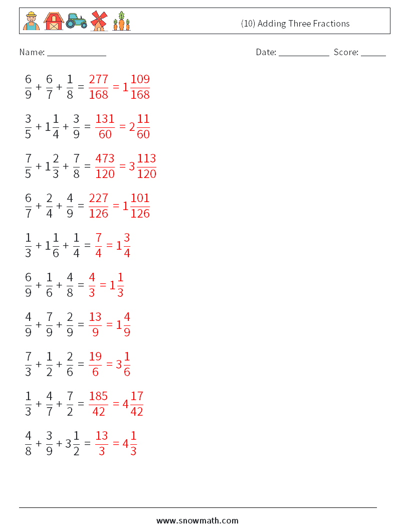 (10) Adding Three Fractions Maths Worksheets 15 Question, Answer