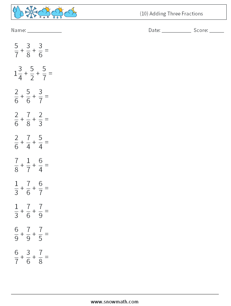 (10) Adding Three Fractions Maths Worksheets 16