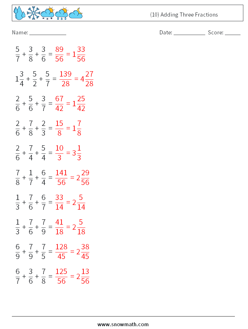 (10) Adding Three Fractions Maths Worksheets 16 Question, Answer