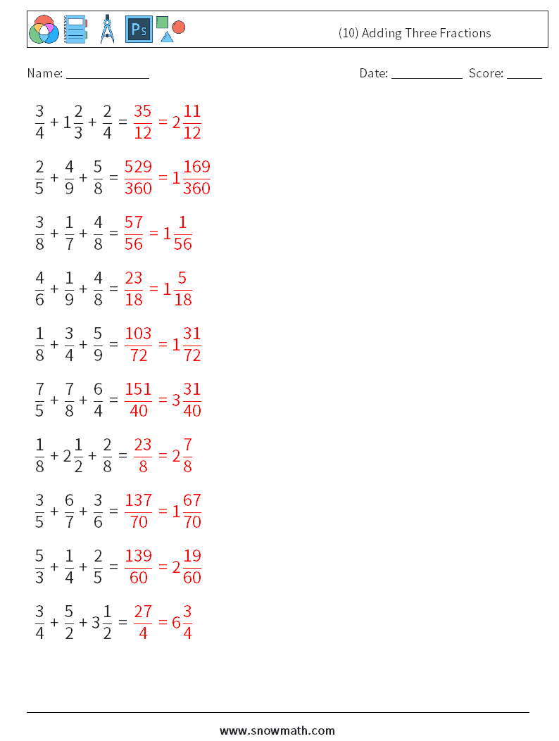 (10) Adding Three Fractions Maths Worksheets 17 Question, Answer