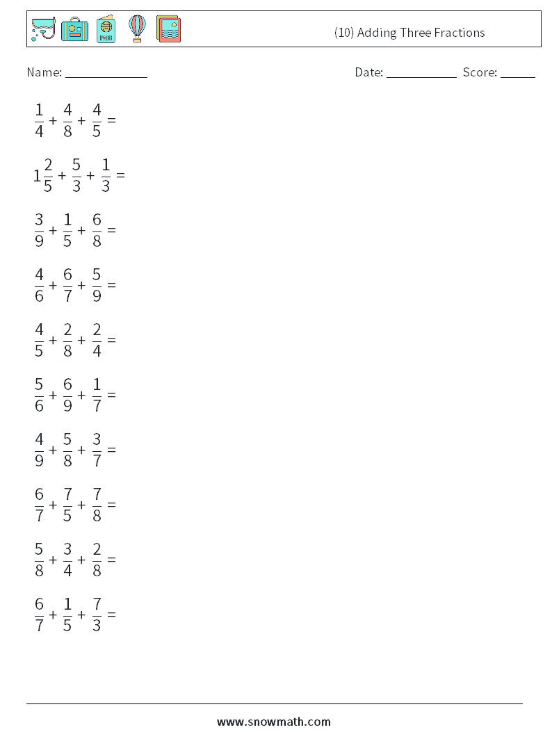 (10) Adding Three Fractions Maths Worksheets 18