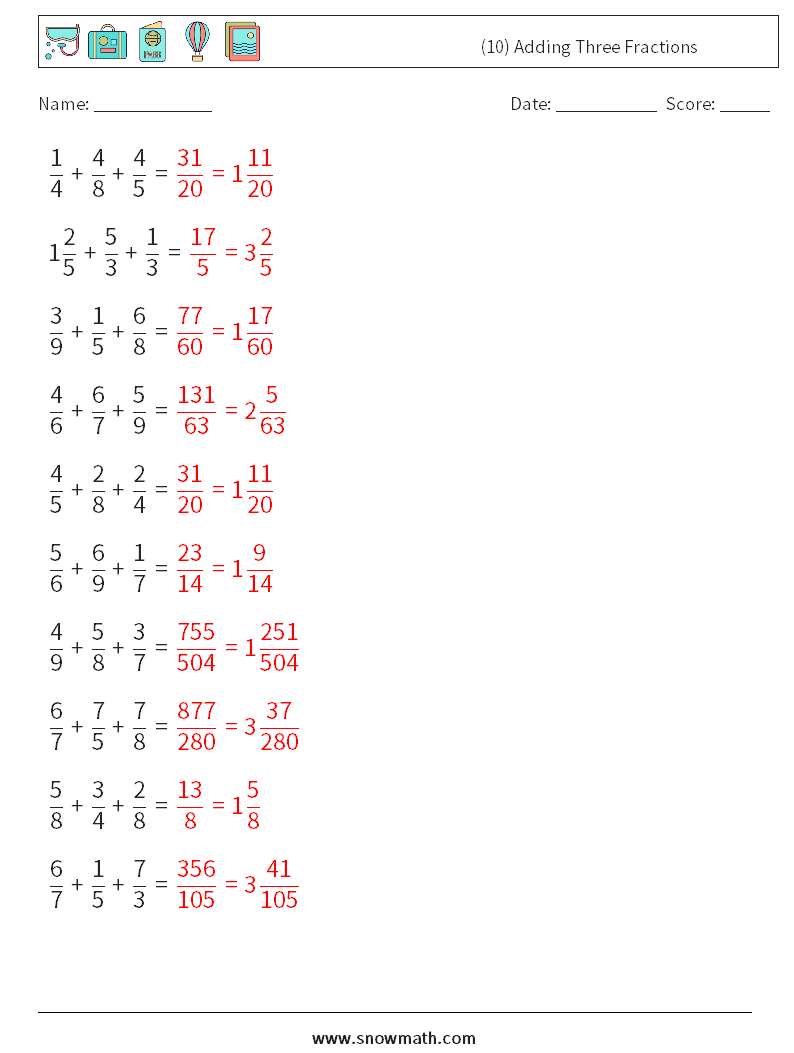 (10) Adding Three Fractions Maths Worksheets 18 Question, Answer