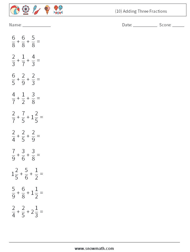 (10) Adding Three Fractions Maths Worksheets 3