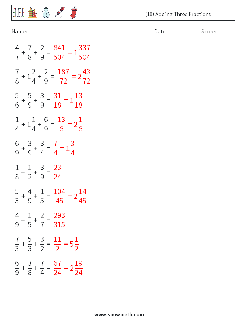 (10) Adding Three Fractions Maths Worksheets 4 Question, Answer