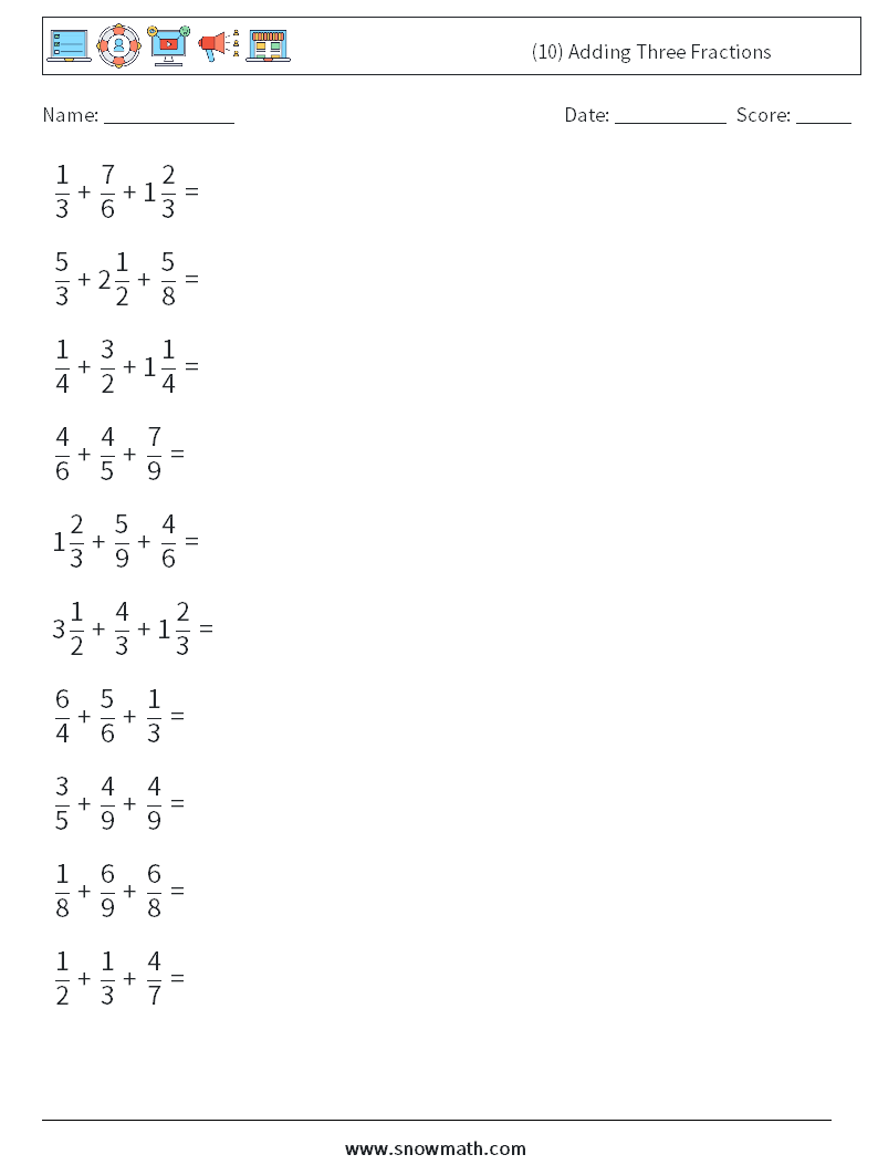 (10) Adding Three Fractions Maths Worksheets 5