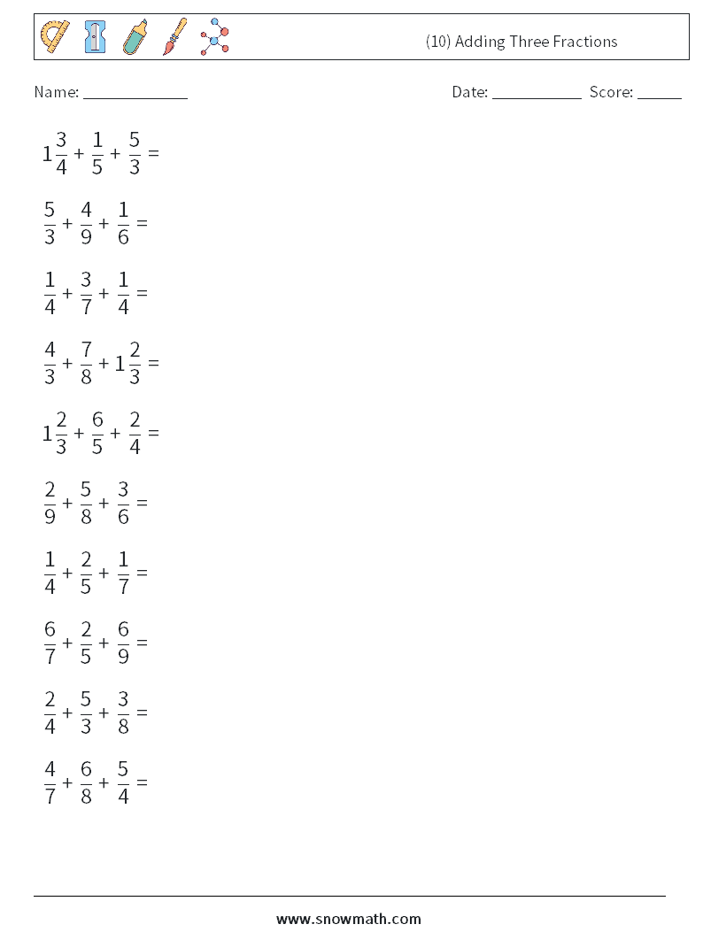 (10) Adding Three Fractions Maths Worksheets 7